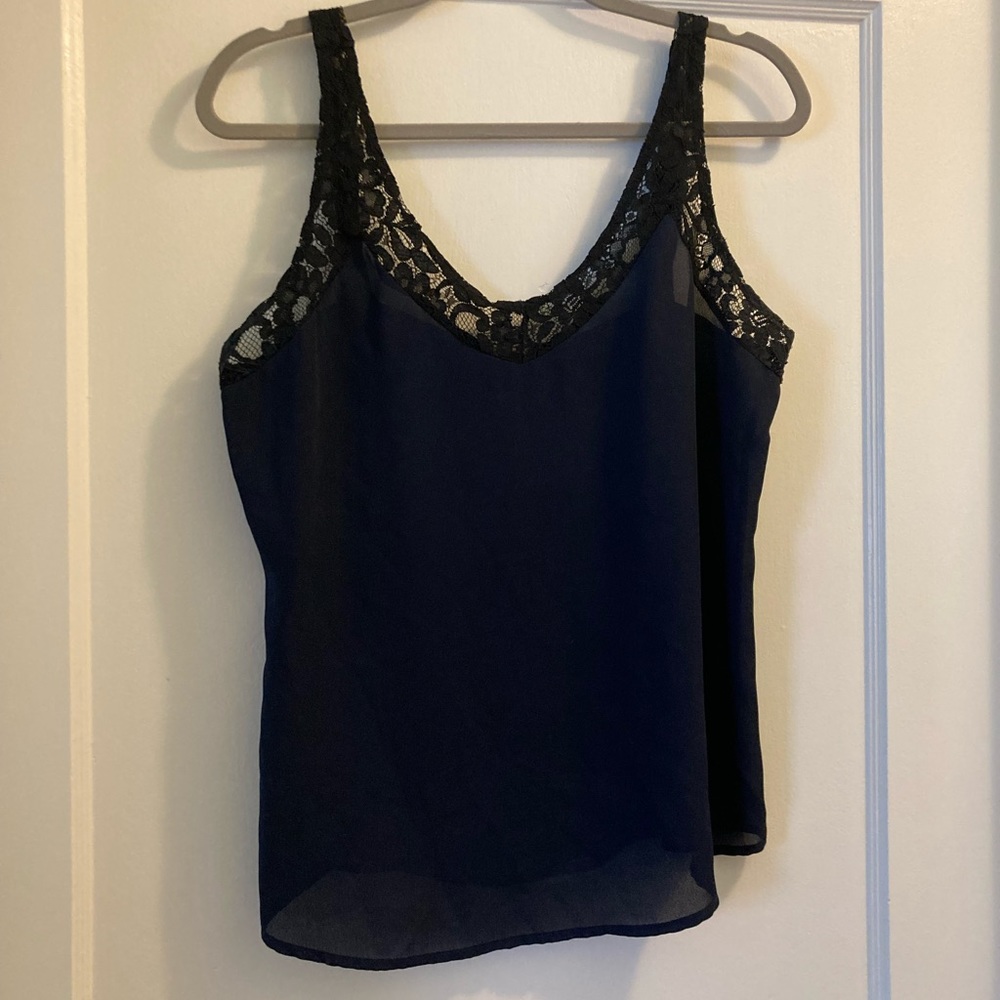 Bash Navy with black lace accent sleeveless date night top